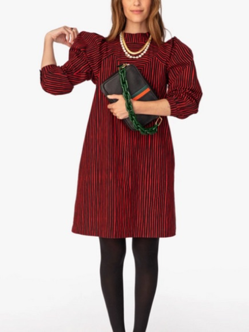Clare V. Brigitte Dress Black Poppy Red Stripe High Neck Puff Sleeve Quirky XXL